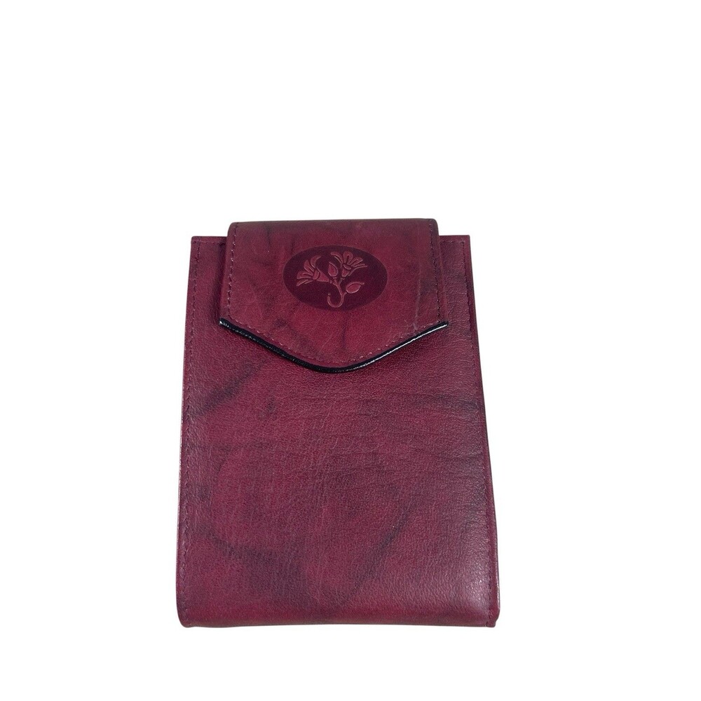 Buxton Burgundy Leather Credit Card Wallet Top Grain Cowhide Snap Closure